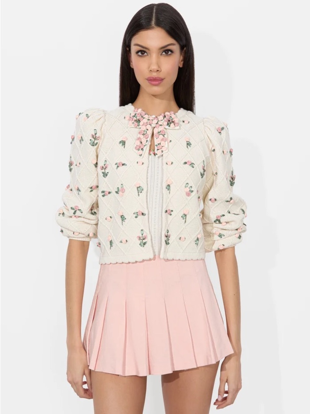 ALICE OLIVIA KITTY BOW CARDIGAN SIZE L Floral Embroidered Cropped Cardigan